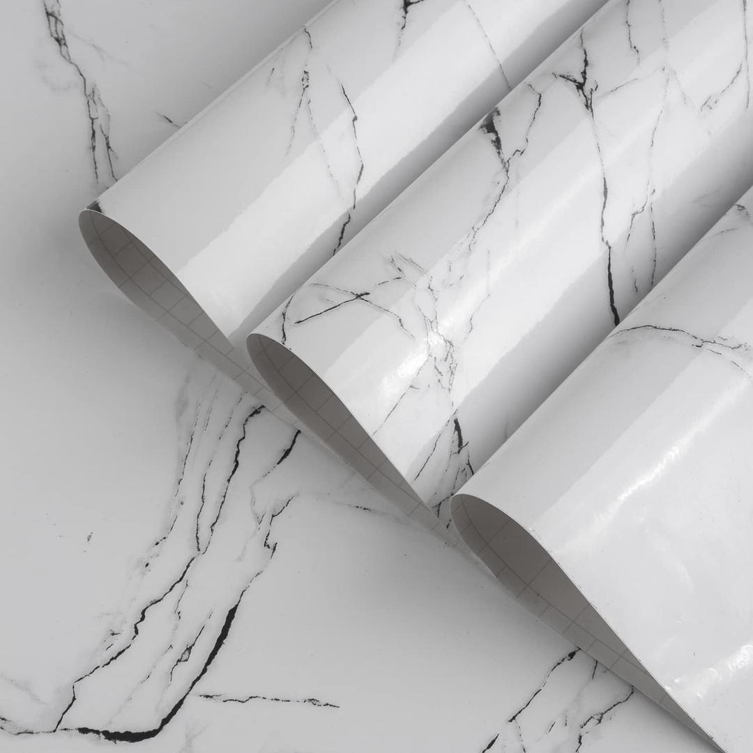 48x354inch Extra Wide Black White Marble Wallpaper Peel Stick Glossy Thick Self-adhesive Furniture Sticker Granite Look Contact Paper Vinyl Wall Sticker Waterproof Heat-resistant Counter Top Covers