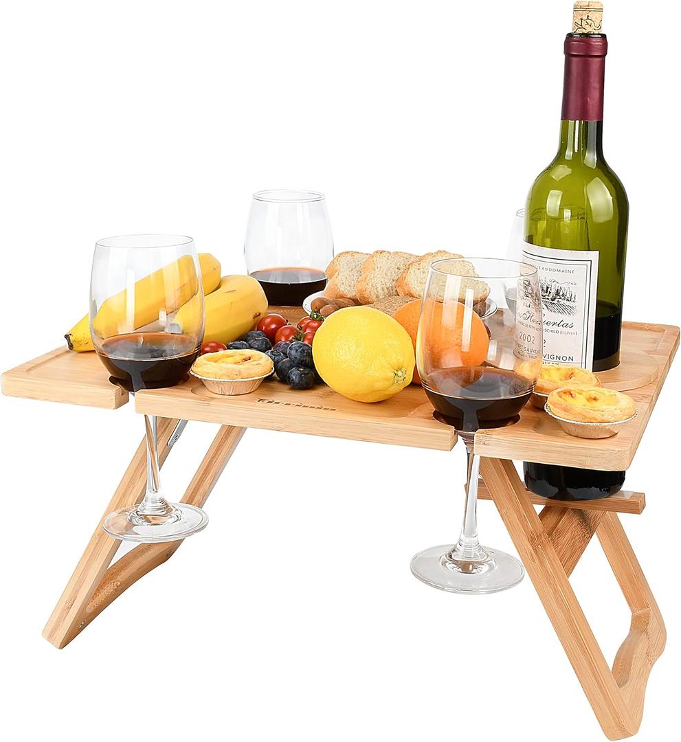 Tirrinia Portable Wine Picnic Table, Ideal Wine Gift for Women Men, Outdoor Folding Table & Beach Charcuterie Board with Wine Glasses Holder for Camping, Park, Party, Garden Concerts, Wooden (17" x 13" - Bamboo Legs)