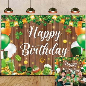 St Patricks Day Birthday Backdrop Happy Saint Patricks Day Birthday Party Decorations Banner Wooden Wall Green Shamrock Birthday Photography Background (7x5FT210x150cm)