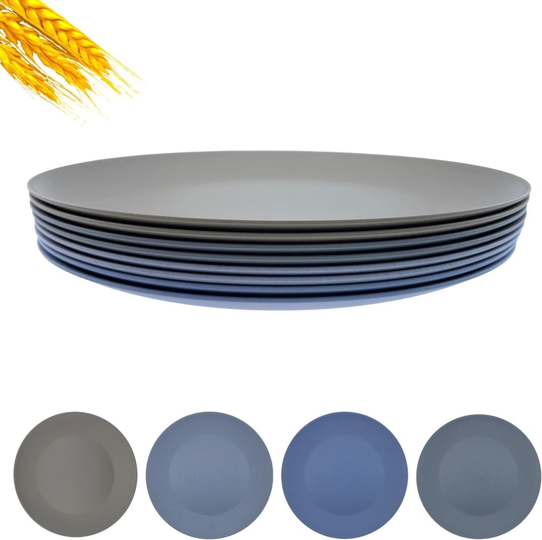 10 inch Wheat Straw Plate, Unbreakable Flat Dinner Plates Set of 8, BPA Free Dishwasher & Microwave Safe Reusable Salad, Camping for Kids Kitchen (Grey Stone)