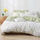 Botanical Cotton Comforter King Size - Tender Green Comforter Printed with Leafy Branches & Purple Stamens on Off-White,Reversible Lightweight Bedding Sets 3Pcs (King(104"90"))