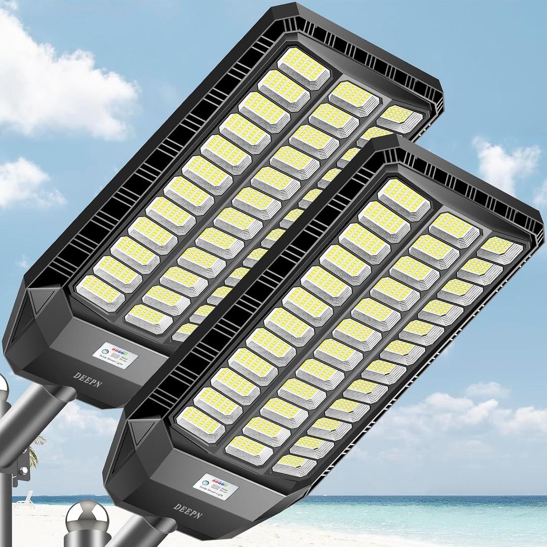 Deepn 9500W Solar Street Light, Commercial Grade Street Lights, IP67 Waterproof Solar Parking Lot Lights Dusk to Dawn Outdoor Lighting LED Security Flood Motion Sensor and Remote Control, (2)