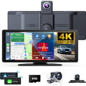 Wireless Carplay Screen for Car 10.26" 4K 360 Rotation Dash Cam Carplay&Android Auto Car Stereo 1080p Backup Camera GPS Navigation/Mirror Link/Voice Control/Siri/FM Satellite Radio Receiver
