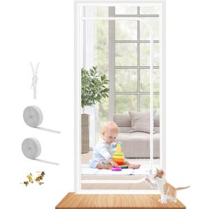 Upgraded Reinforced Pet Screen Door Thickened Cat Resistant Mesh Screen Door for Living Room, Bedroom, Patio, Dog Cat Scratch Proof Screen with Zipper Closure (Fits Door Size up to 32''x 80'', White)