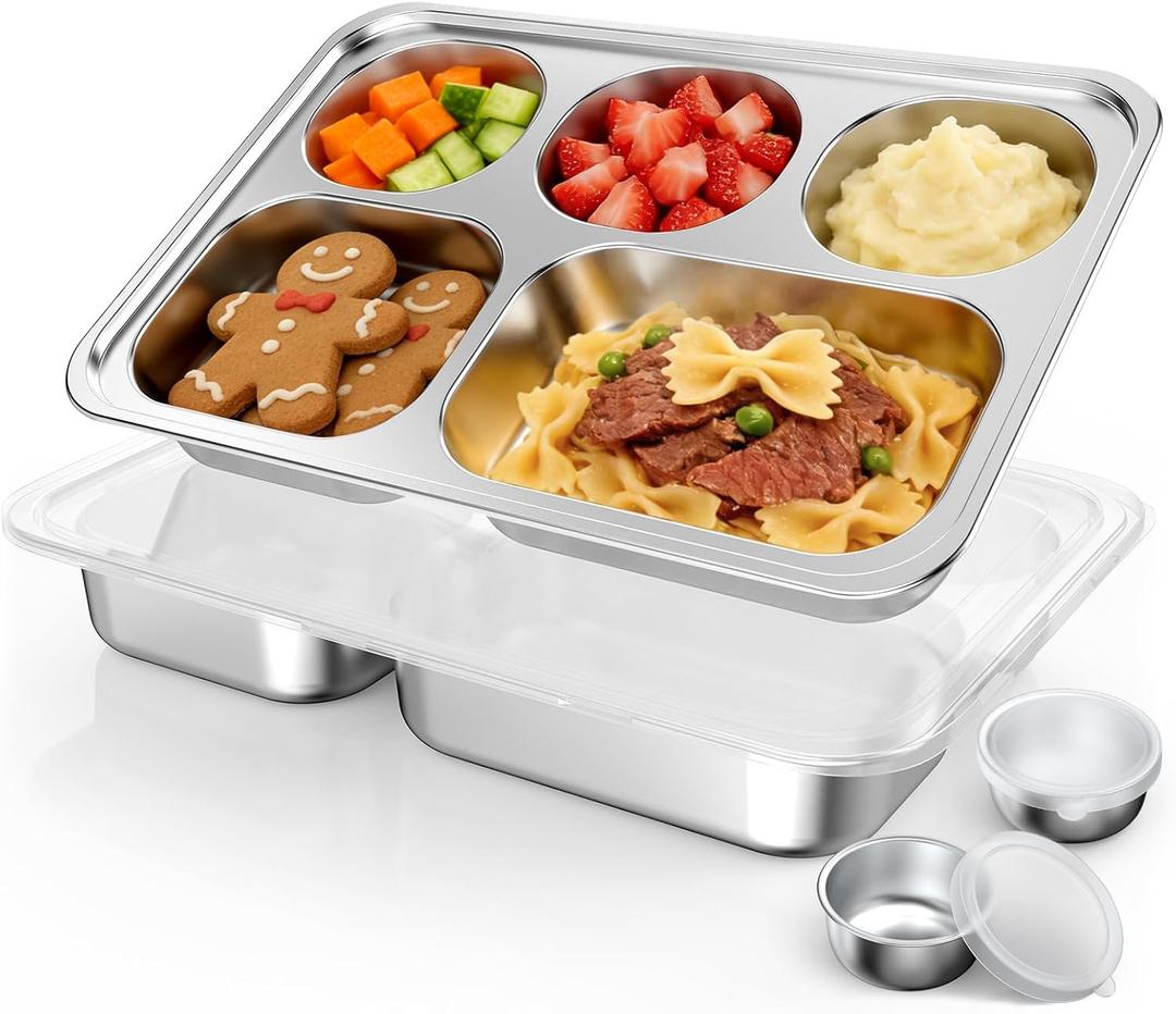 Stainless Steel Divided Plate for Kids Toddler, Non Toxic Portion Control Plate Dinner Plate with Lid for Adults Weight Loss, 2 Pack 5 Sections Rectangular Snack Plate Tray (5C-(10.19*7.0in))
