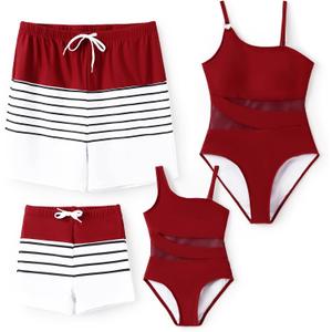 PATPAT Family Matching Summer Swimwear, Women and Girl One-Piece Swimsuit, Men and Boy Swim Trunks (Red, L)