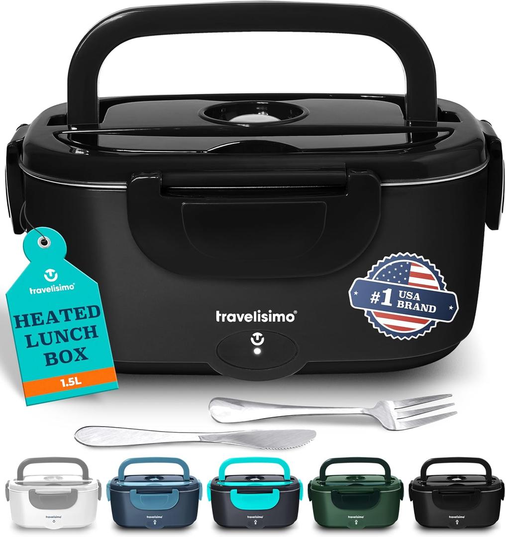 TRAVELISIMO Electric Lunch Box for Adults 100W Heated Lunch Box For Men 1.5L Stainless Steel Portable Food Warmer, 12/24/110V Electric Food Warmers for Travel & Work Loncheras Para Hombres de Trabajo (Black)