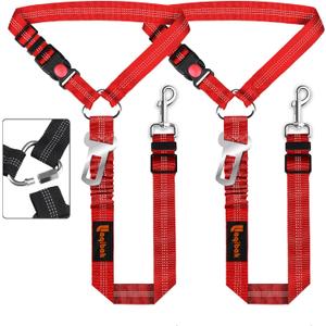Removable Dog Seat Belt Harness for Car, 3 in 1 Pet Dog Car Seatbelt Leash, Retractable Restraint Secures to Vehicle Headrest & Adjustable Reflective Bungee Dog Seatbelt Tether, Red