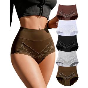 Annenmy High Waisted Underwear for Women Cotton Underwear Tummy Control Briefs Lace Full Coverage Panties 5 Pack L