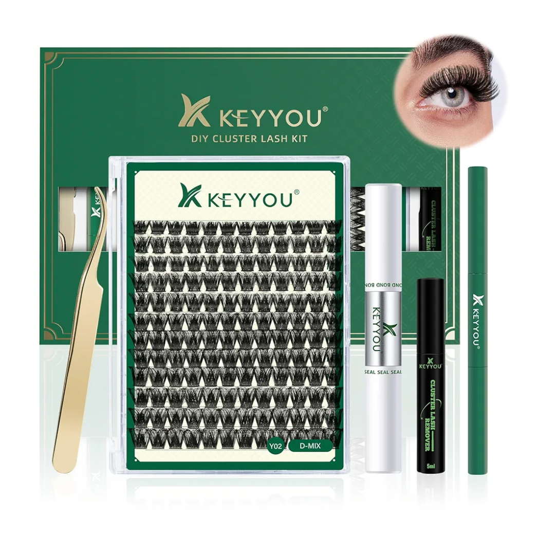 DIY Lash Extension Kit KEYYOU 144pcs Lash Clusters Eyelash Extension Kit with Mascara Brush Bond and Seal Lash Glue Remover Lash Applicators Lash Brush Clean Pad for DIY Lash Extensions (Y02 Kit)