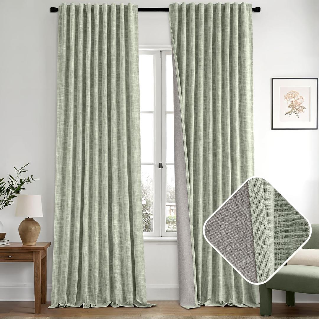 MIULEE Sage Green 100% Blackout Linen Curtains 108 Inch 2 Panels Set Double Sided No Coating Pleated Back Tab Black Out Extra Long Thermal Insulated Pinch Pleat Bedroom Living Room Darkening Drapes