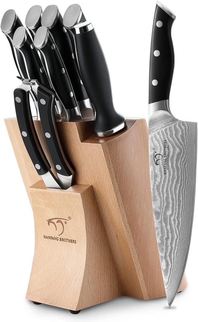 NANFANG BROTHERS Knife Sets, 9 Pieces Damascus Kitchen Knife Set with Block, ABS Ergonomic Handle for Chef Knife Set, Knife Sharpener and Kitchen Shears, Knife Block Set (Black/Natural)