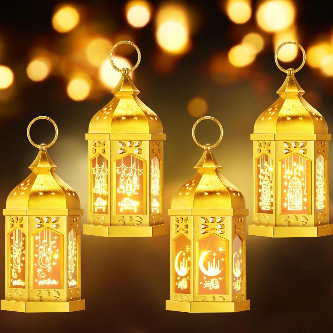 Retisee 4 Pcs 7" Ramadan Large Eid Mubarak Lantern Moon Star Hanging LED Lantern for Home Patio Table Wedding Centerpiece Festival Decoration (4 Styles,Electroplated Gold)