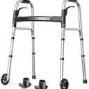HolyHeal Folding Walkers for Seniors with 2 Skis and 5" Wheels, Lightweight Adult Rolling Walker, Supports Up to 350 Pounds, Adjustable Height, Aluminum Standard Walker, Silver