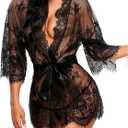 Avidlove Women's Lace Kimono Robe Babydoll Lingerie Mesh Nightgown  (XX-Large, 1black)