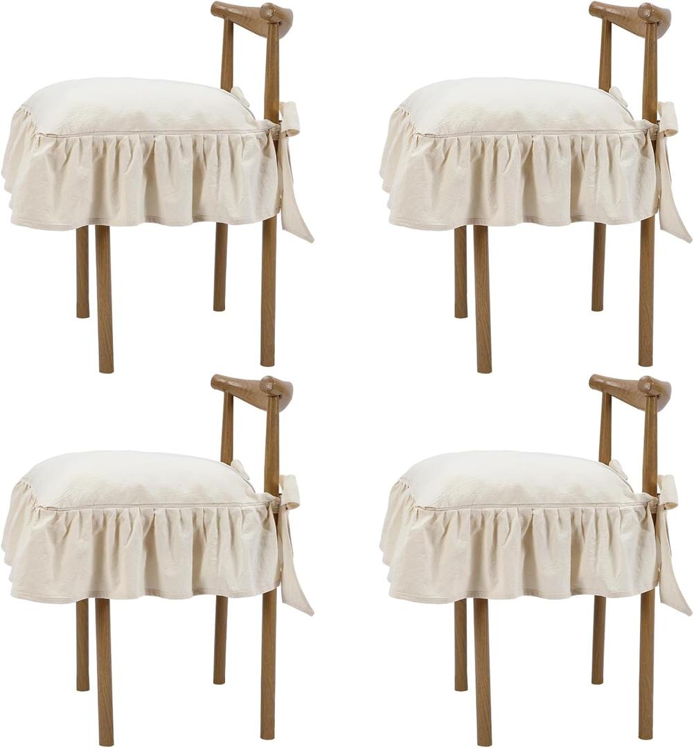 4 Pcs Ruffle Chair Cushions Cover 17.5''x17.5'' French Chair Pad Slipcover with Ties Ruffled Skirt Seat Cover Farmhouse Covers Only, for Home Dining Kitchen (Classic,Retro Cream White)