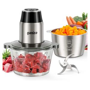 GANIZA Food Processors, Electric Food Chopper with Meat Grinder & Vegetable Chopper - 2 Bowls (8 Cup+8 Cup) with Powerful 450W Copper Motor - Includes 2 Sets of Bi-Level Blades for Fruits/Meat/Nuts