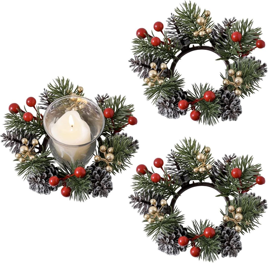 2 Pieces Christmas Candle Rings Wreaths,Artificial Flower Gold Red Berries Pinecones Snowy Pine Garland Winter Candle Holders, Christmas Wedding Home Table Centerpieces Decorations