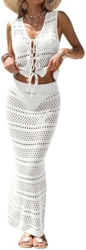 Fisoew Womens Summer Crochet Swim Cover Up 2 Piece Sleeveless Front Tie Crop Tops Beach Maxi Skirt Boho Coverup Set, M, White