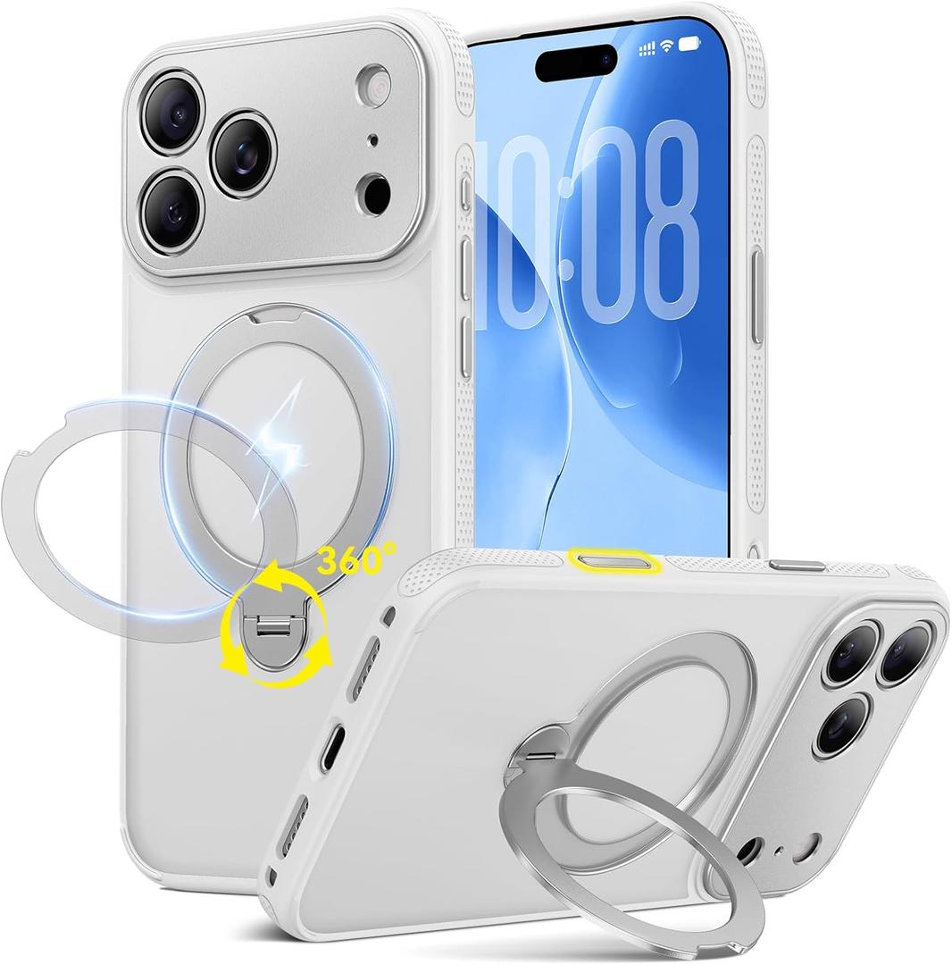 360 Spin Magnetic Stand for iPhone 17 Pro Max Case, Fit for MagSafe, All Around 4X Military-Grade Protection, Full Camera Protection,Anti-Slip Slim Phone Case for iPhone 17 Pro Max 6.9",Glacier White