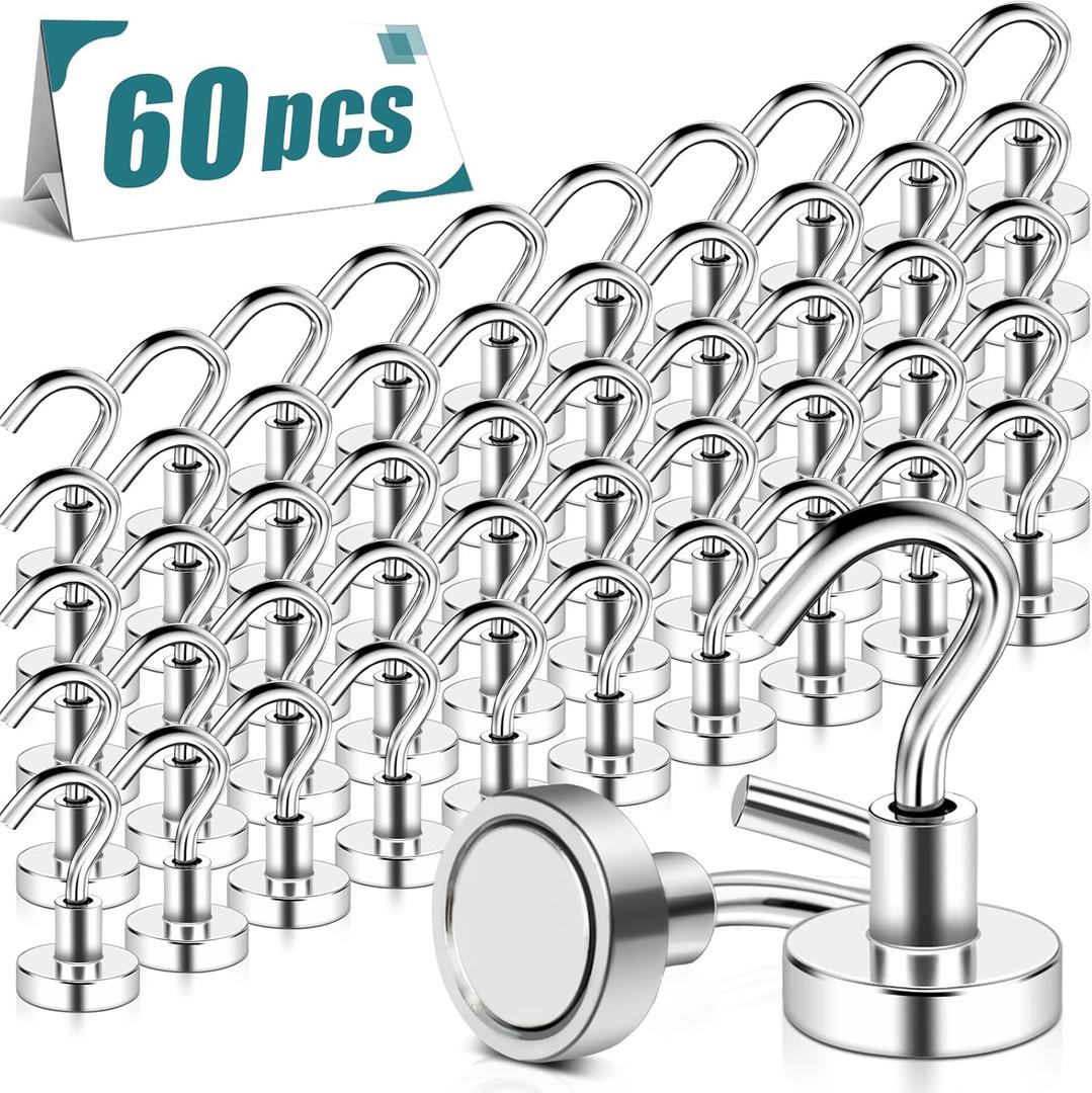 MAGXCENE 60 Pack Magnetic Hooks Heavy Duty, 25 lbs Strong Earth Magnet Hooks for Hanging, Cruise, Refrigerator, Extra Strong Neodymium Magnets with Hooks for Grill Kitchen Tool Storage (Silver)