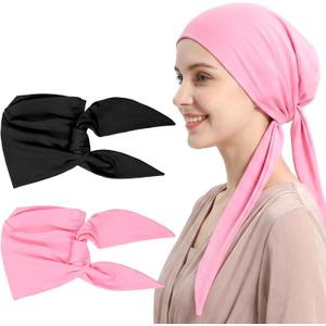 Ouligay 2PCS Hijab Undercap No Slip for Women Islamic Muslim Under Scarf Hijab Cap Solid Color Under Caps for Hijabs, Underscarf Hat Turban with Tie Back Closure, Black Pink (Pink)