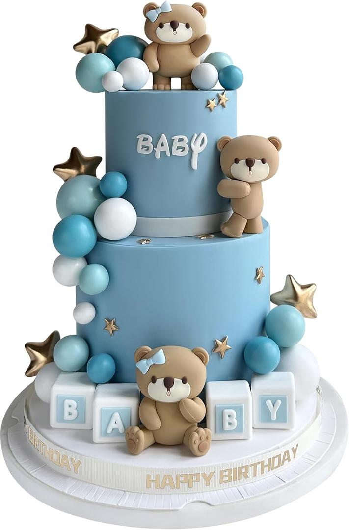 32 Pcs Bear Cake Toppers Pearl Ball Cake Decorations with Stars Cake Topper for Boy Girl Baby Shower Birthday Party Decorations (Blue)