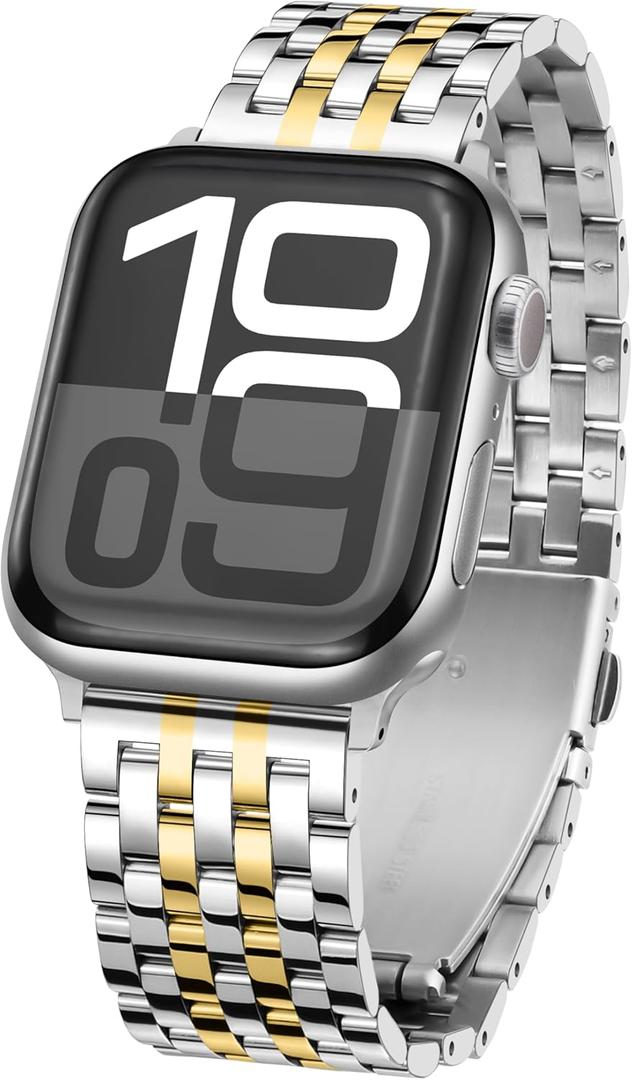 Tasikar Metal Watch Band Compatible with Apple Watch 42mm(Series 10/11) 41mm 40mm 38mm for Men Women, Stainless Steel Replacement Straps for iWatch SE Series 11 10 9 8 7 6 5 4 3 2 1, Silver-Gold