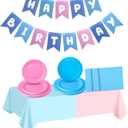 Blue and Pink Party Birthday Supplies, Colorful Party Tableware with Happy Birthday Banner, Tablecloth, Disposable 7" and 9" Paper Plates with Napkins for Fans Party Supplies Decorations