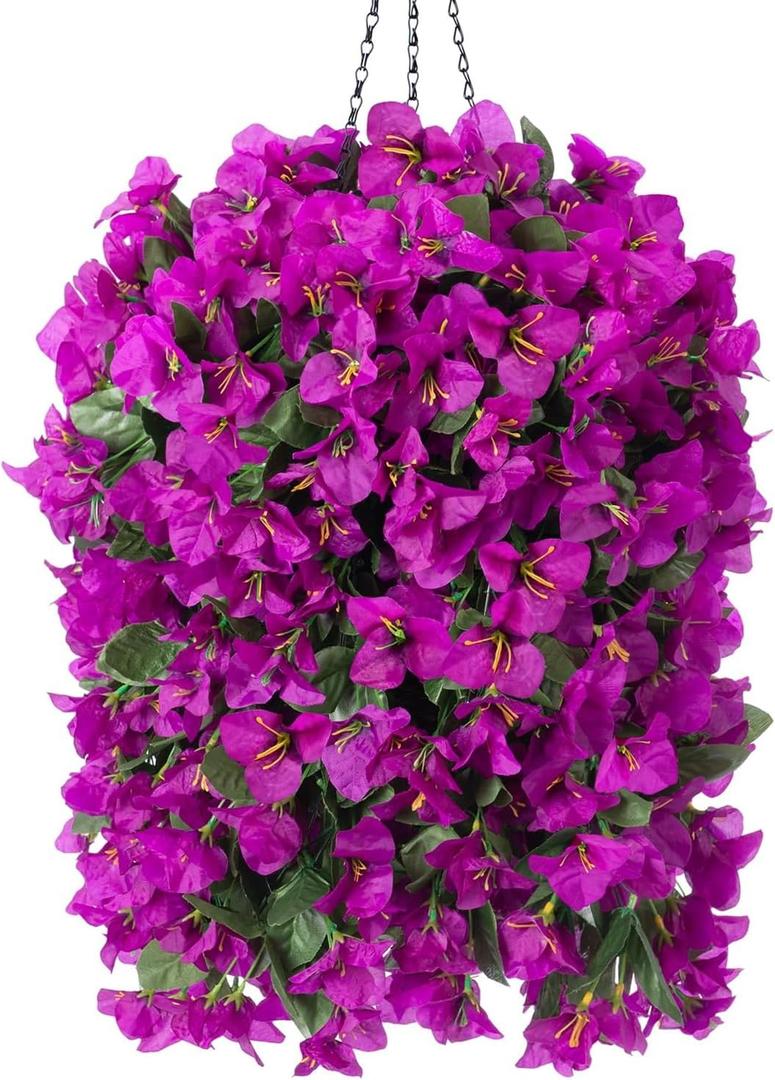 INSPRING Artificial Bougainvillea Faux Flowers Plants Baskets for Outdoor Outside Decoration, 3PCS Fake Silk Flowers Long Trailing Vines UV Resistant Realistic for Front Door Porch Patio (Purple)