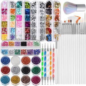 FANDAMEI Nail Art Brushes Kit, Nail Design Tools Set with Dotting Tools, Fine Nail Glitter Butterfly, Glitter Sequins, Foil Flakes, Nail Rhinestones, Dust Brush (C-White)