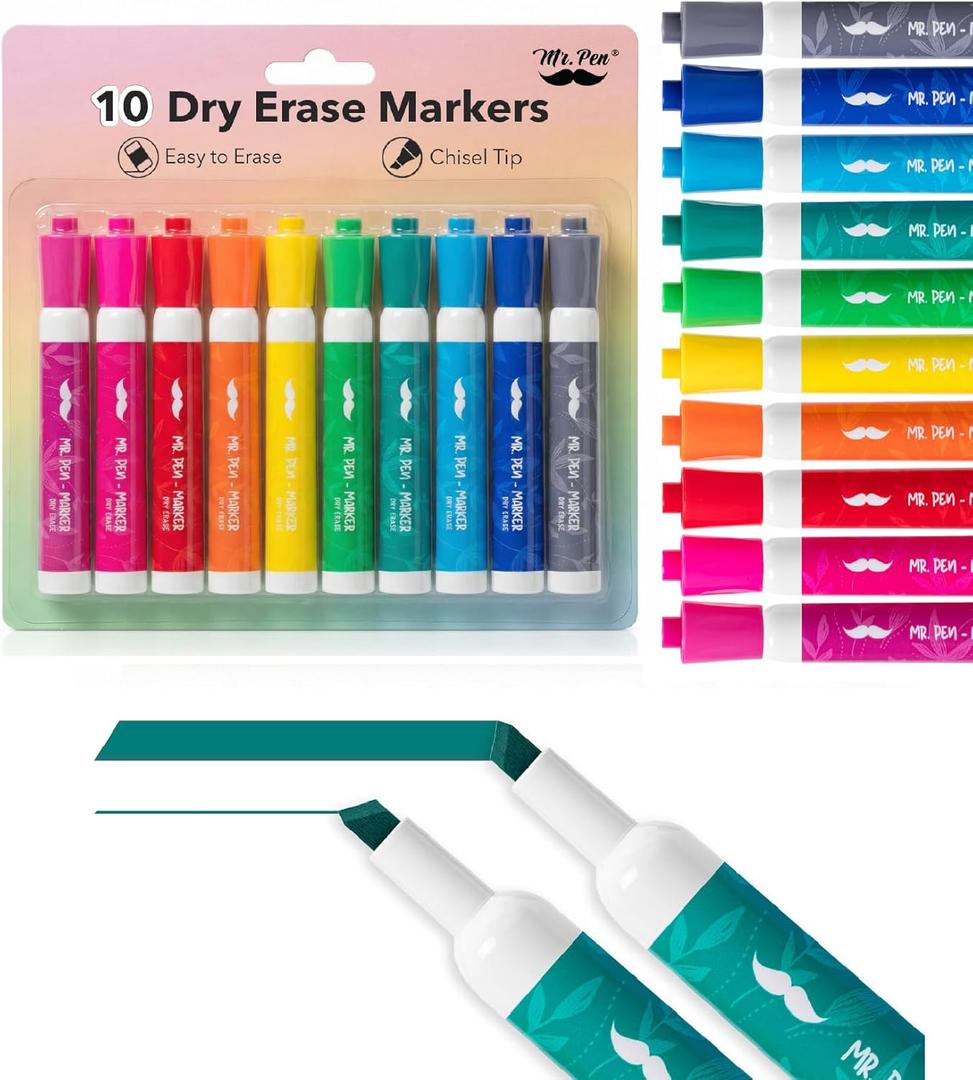 Mr. Pen- Dry Erase Markers, 10 Pack, Assorted Colors, Low Odor Ink, Chisel Tip, White Board Markers Dry Erase, Ideal for Classroom, Back to School Supplies, Teachers, Office, Whiteboard & Home (Vibrant 2)