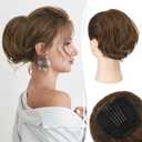 RUWISS Real Human Hair Bun Short Drawstring Ponytail Hair Pieces for Women, Natural Straight Updo Bun Comb Clip in Ponytail Extension for Women, Medium Brown