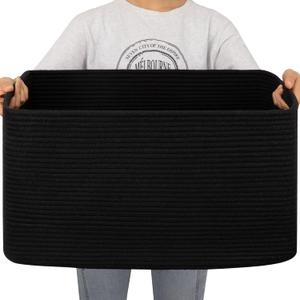 OIAHOMY 75L Large Blanket Basket, Storage Baskets with Handle, Rectangle Woven Cotton Rope Basket, Toy Organizer Bins, 22" x 17"x 12", Charcoal Black