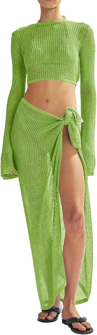 Women's Swimsuits Cover Ups Set for Crochet Bathing Suit Hollow Out 2 Piece Bikini Coverup Beach Swimwear (Medium, Green)
