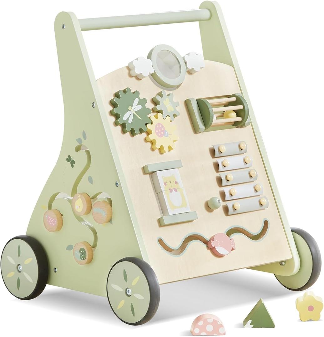 Beright Wooden Baby Walker Push and Pull Learning Activity Walker Kids Activity Toy Multiple Activities Center Develops Motor Skills & Stimulates Creativity(Green)