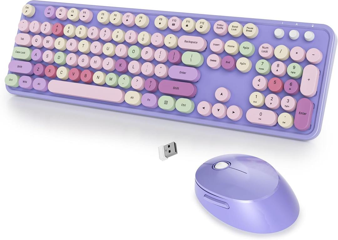 Wireless Keyboard and Mouse Set, Retro Typewriter 2.4GHz Full Size 104-Key Cute Colorful Keyboard with Number Pad Round Keycaps for Windows PC Laptop(Colorful Purple)