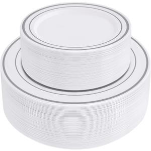 SETUP 100-Piece Silver Trim Plastic Dinnerware Set 50 10.25" Dinner & 50 7.5" Salad Plates Heavy-Duty Disposable for Weddings, Catering, Parties