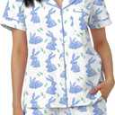 Women Easter Pajamas Set Cute Bunny Button Down Shirt and Shorts 2 Piece Pj Set Y2K Easter Outfits (Blue, M)