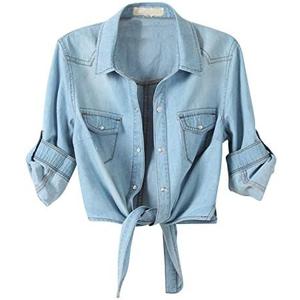 AMEBELLE Women's Roll Up 3/4 Sleeve Tie Front Knot Shirt Chambray Denim Crop Top, Small