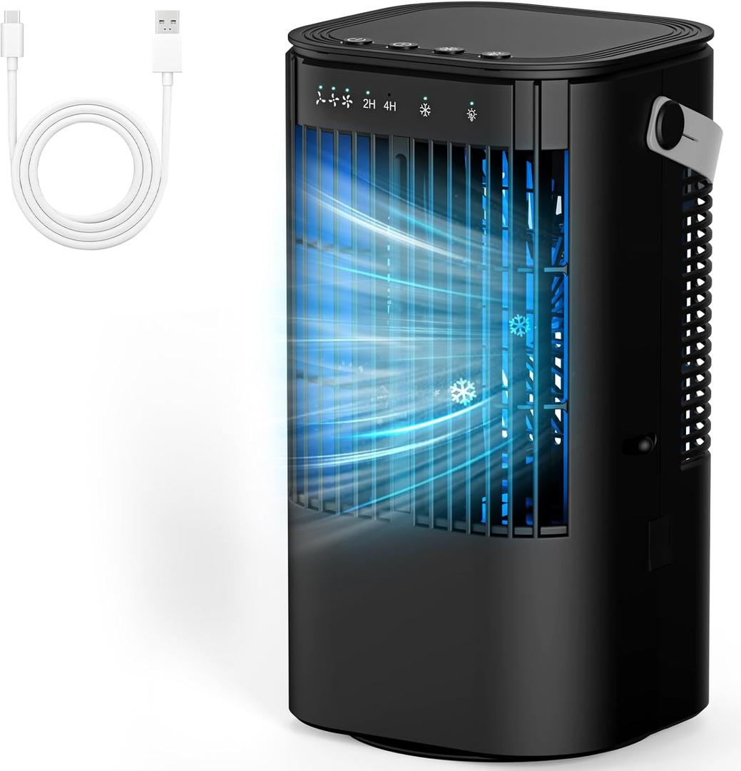Portable Air Conditioners, 4-in-1 Mini Small Air Conditioner Evaporative Air Cooler Fan with 1000ml Water Tank, 3 Speeds & 7 LED Lights, Personal Mini AC with Timer for Bedroom, Desktop, Home, Office