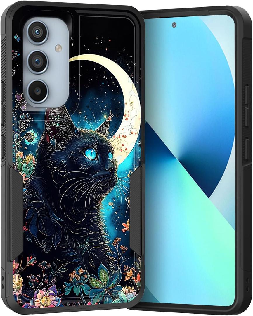 for Galaxy S25 FE Case,Dual Layer Hybrid Heavy Duty Rugged Shockproof Hard PC +Soft Silicone Protective Case for Samsung Galaxy S25 FE 6.7" 2025,Black Cat Floral Moon