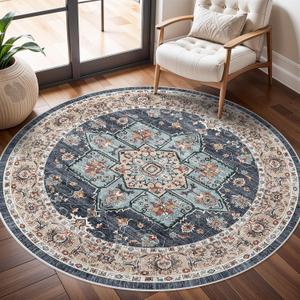 Washable Oriental Area Rug - 6ft Rugs for Living Room Soft Carpet for Bedroom Waterproof Floral Distressed Indoor Stain Resistant Non-Shedding Floor Carpets (Blue/Teal/Orange, 6ft-Round)