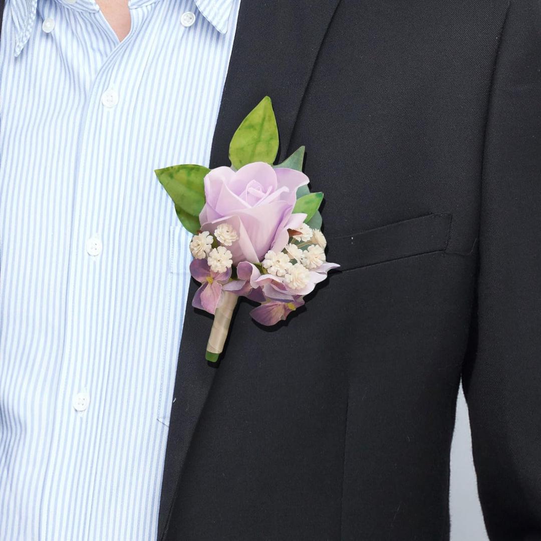 Wedding Velvet Rose Boutonniere Flower for Men Set of 2 Groom Groomsmen Lavender Artificial Rose Flower Father Brother Parent Boutonniere for Indoor Outdoor Wedding Prom Homecoming Dance (Lavender Boutonniere)