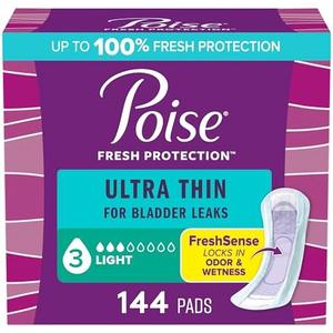 Poise Ultra Thin Incontinence Pads & Postpartum Pads for Bladder Leaks, 3 Drop Light Absorbency, Regular Length, 96 Count