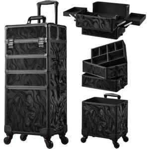 Stagiant Rolling Makeup Case Cosmetology Case on Wheels 4 in 1 Makeup Travel Case Extra Large Cosmetic Box with Key Make Up Artist Traveling Storage Nail Case Salon Barber Cart Trunk Alpine Black