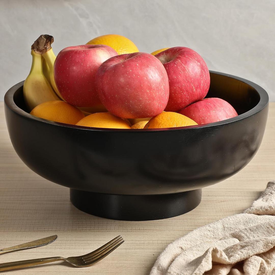 Food Safe Solid Wood Black Fruit Bowl for Kitchen Counter, 12-inch Diameter