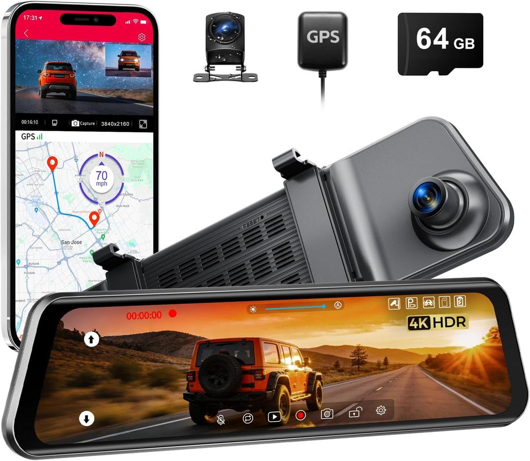 12" Mirror Dash Cam, 4K UHD Front and 2.5K Rear View Dash Camera for Car, with ADAS BSD LCA Smart Mode, GPS, G-Sensor, Loop Recording, Parking Monitor, Voice Control, 5.8GHz WiFi