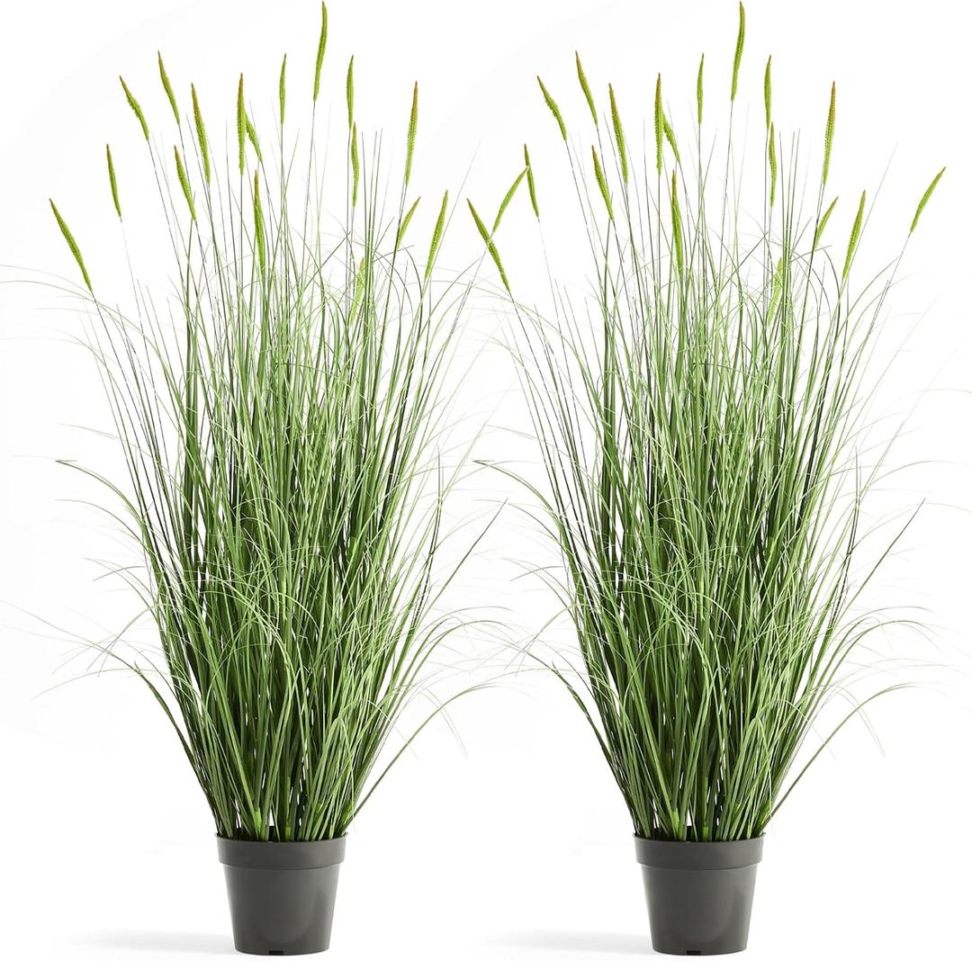 Faux 4ft 2-Pack Horsetail Reed Grass with Green Spikes, 48in Tall Indoor Outdoor Fake Grass in Pot, Home Office Decorative Artificial Plant & Greenery, Wedding Decor Bristlegrass