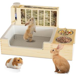 4-in-1 Waterproof Wooden Rabbit Litter Box with Hay Feeder, 2 Food Bowls, and Water Bottle | Large Capacity, Waste-Preventing Design for Rabbits, Guinea Pigs, Chinchillas, and Small Animals